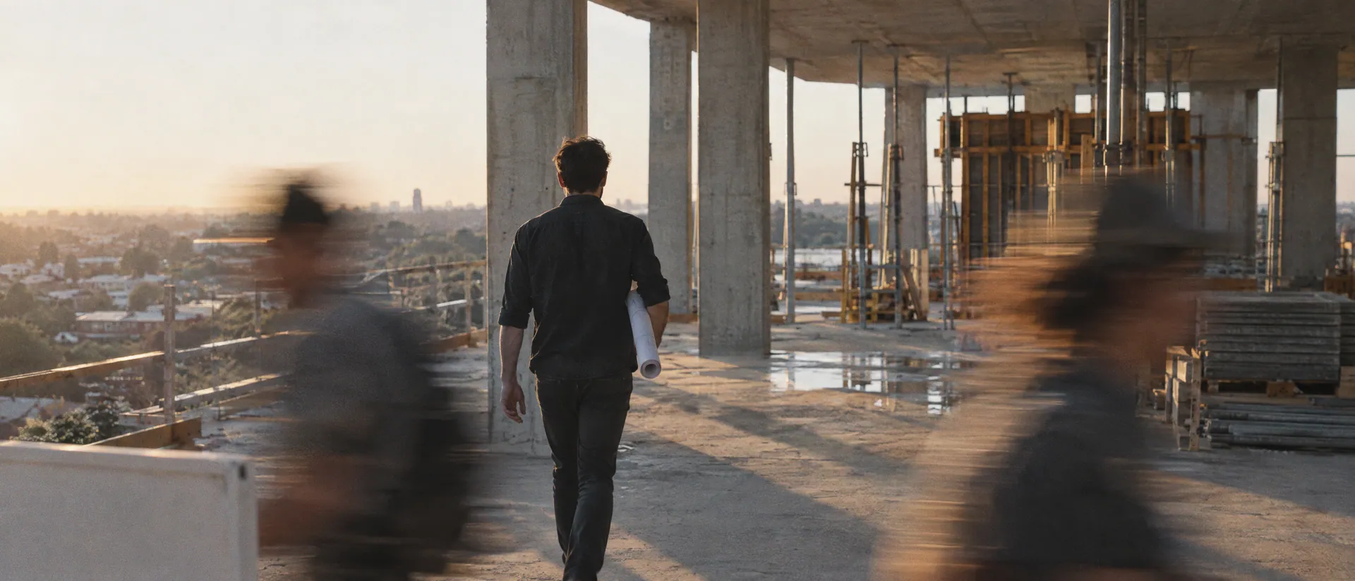 Architect on a site walk through a concrete frame at sunset, others streaked past
