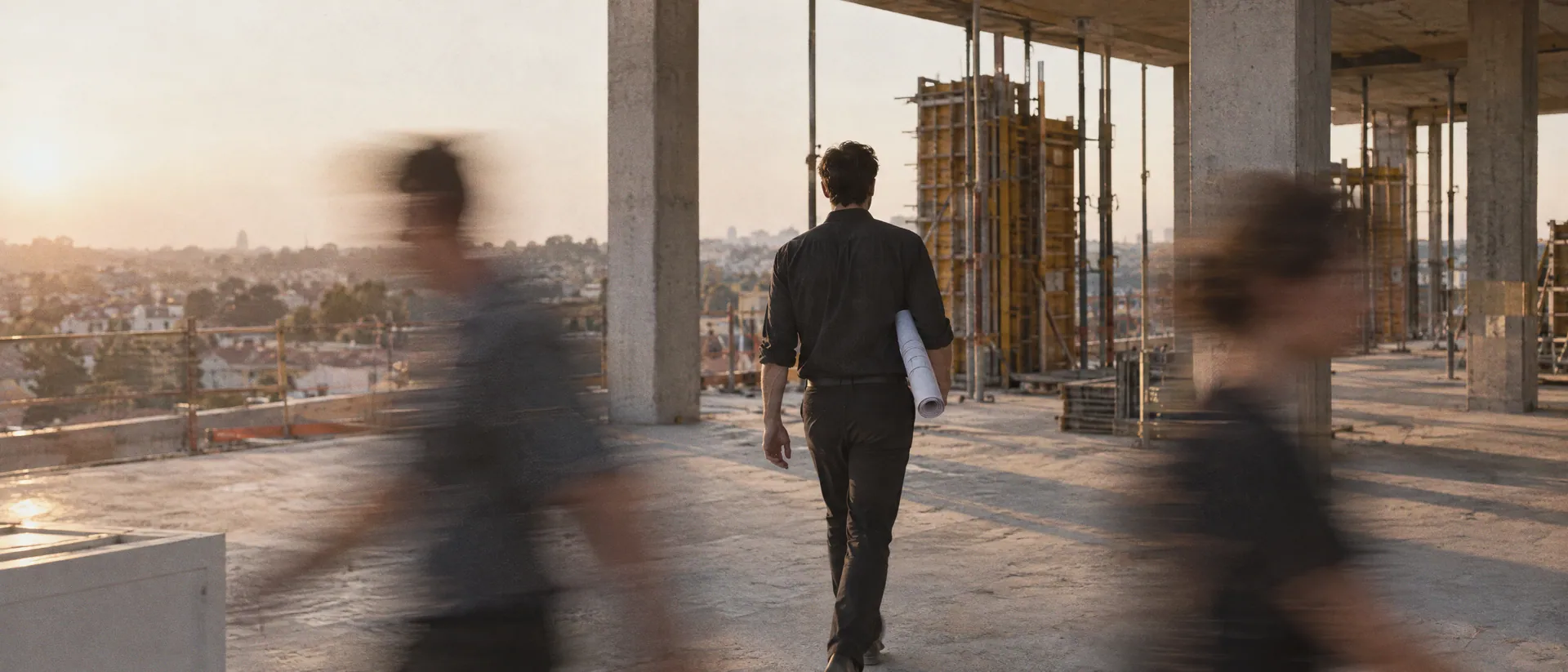 Architect walking a half-built concrete frame with drawings under one arm