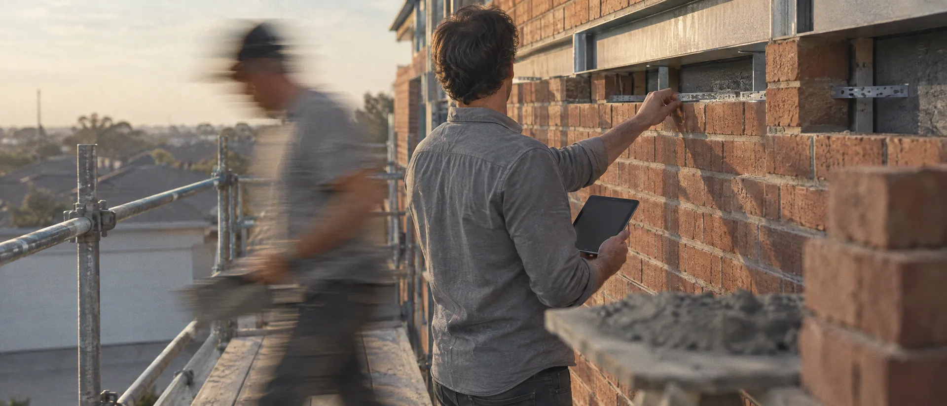 Building surveyor on scaffold at a brick veneer wall at sunset, bricklayer streaked past