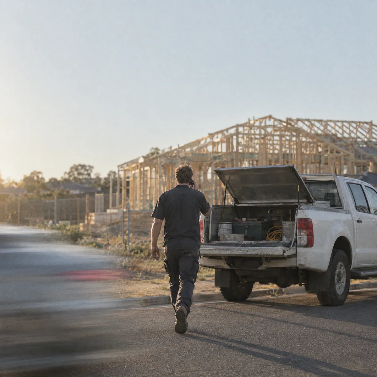 Tradesman on the phone walking to the open tailgate of his ute beside a house frame, a car streaked past