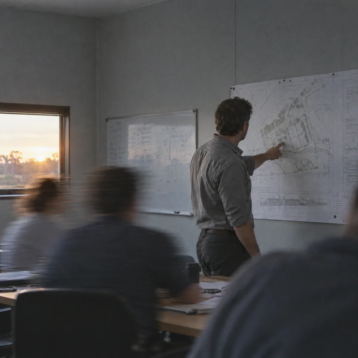 Project manager pointing at a drawing pinned to a site office wall, colleagues blurred around him