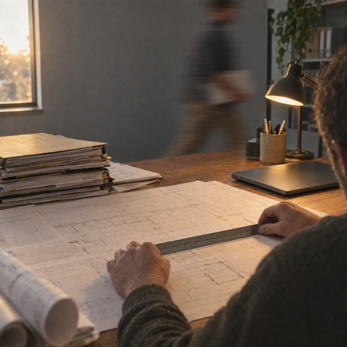 Hands measuring construction drawings with a scale rule on a builder's desk, a colleague blurred behind