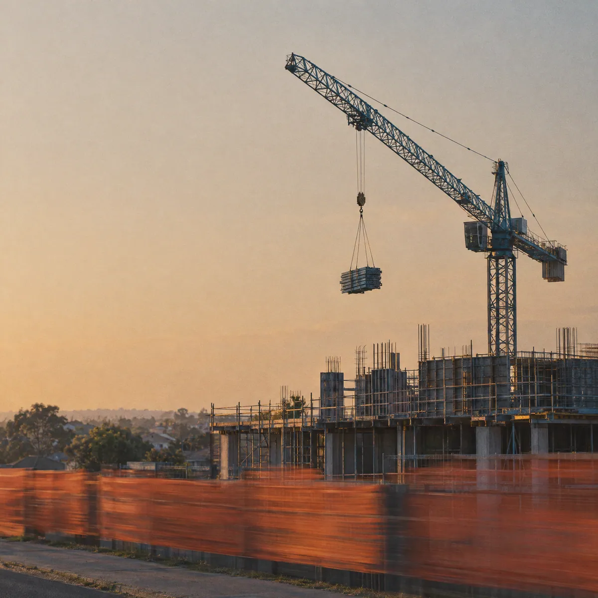 Tower crane lifting formwork over a construction site in late sun, orange hoarding mesh streaked below
