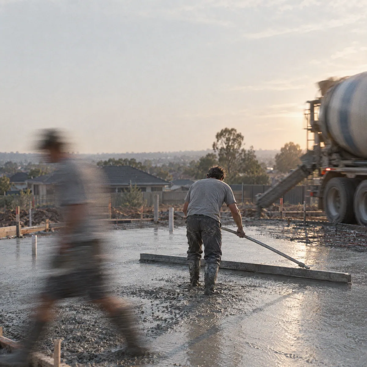 Concreter screeding a fresh slab in late sun, a colleague blurred past and an agitator truck behind